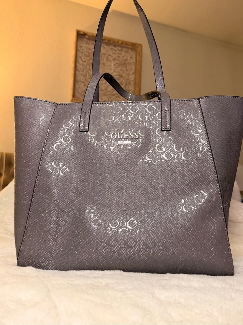 GUESS Gray Embossed Logo Tote - Picture 1 of 5